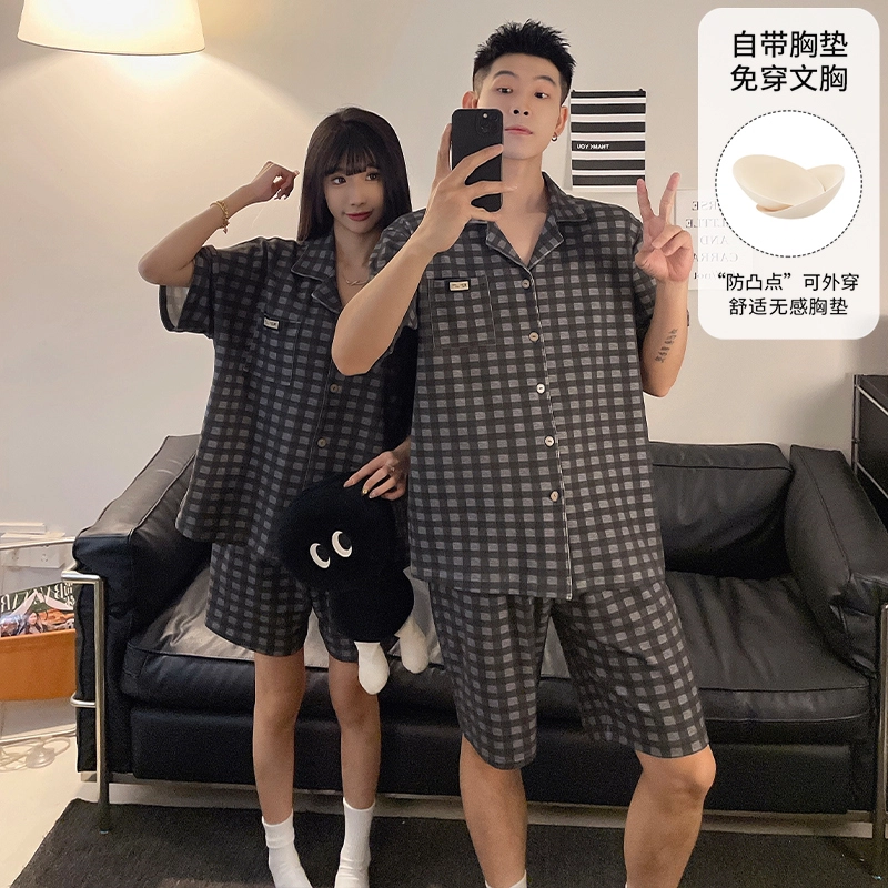 夏芬妍 柔软舒适休闲格子翻领开衫短袖亲肤时尚可外穿家居服睡衣套装 男女同款 灰棕色