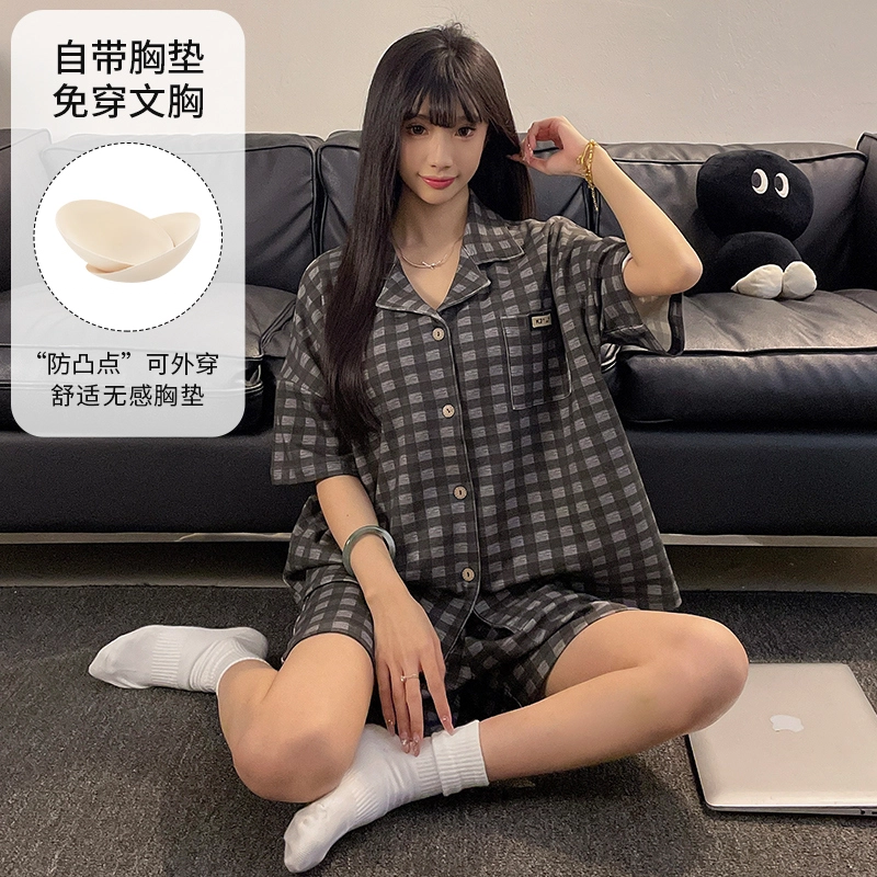 夏芬妍 柔软舒适休闲格子翻领开衫短袖亲肤时尚可外穿家居服睡衣套装 男女同款 灰棕色