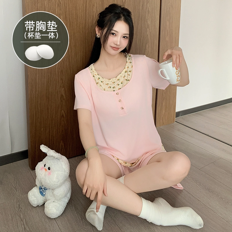夏芬妍 柔软舒适甜美纯色碎花假两件冰丝螺纹家居服亲肤休闲带胸垫短袖短裤时尚可外穿睡衣套装 女款 粉色