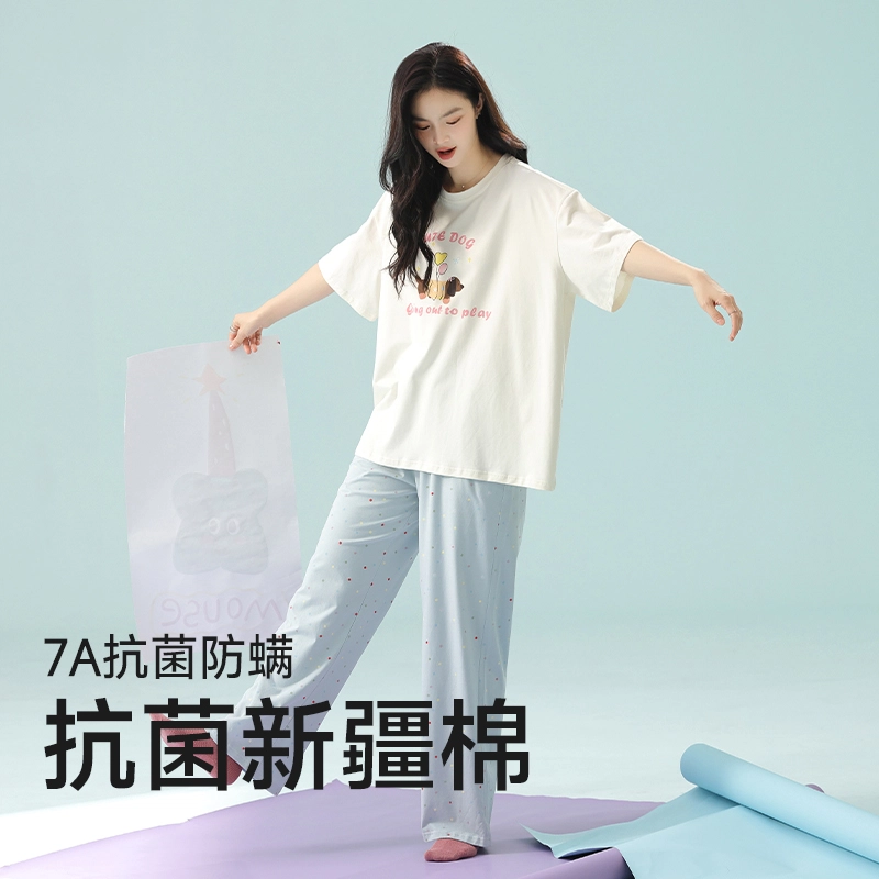夏芬妍 柔软舒适透气亲肤俏皮小狗圆领家居服休闲宽松凉感短袖长裤时尚可外穿睡衣套装 女款 蓝色