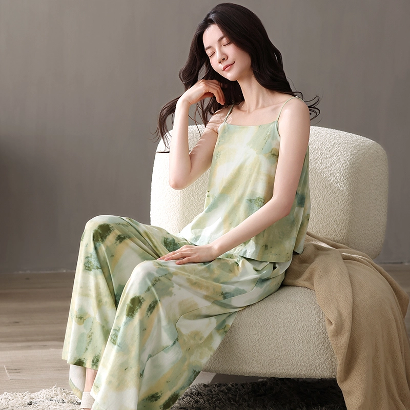 夏芬妍 柔软舒适透气亲肤带胸垫家居服休闲凉感时尚可外穿睡衣套装 女款 绿色