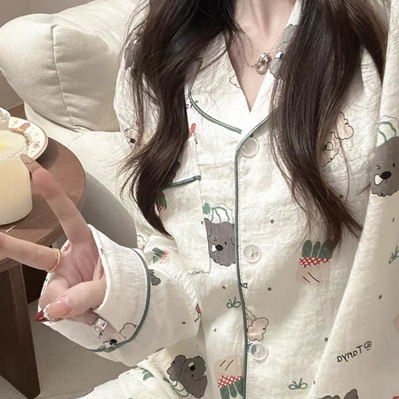 夏芬妍 柔软舒适萌狗乐园云朵棉开衫家居服亲肤休闲长袖长裤可外穿春秋款睡衣套装 女款 杏色