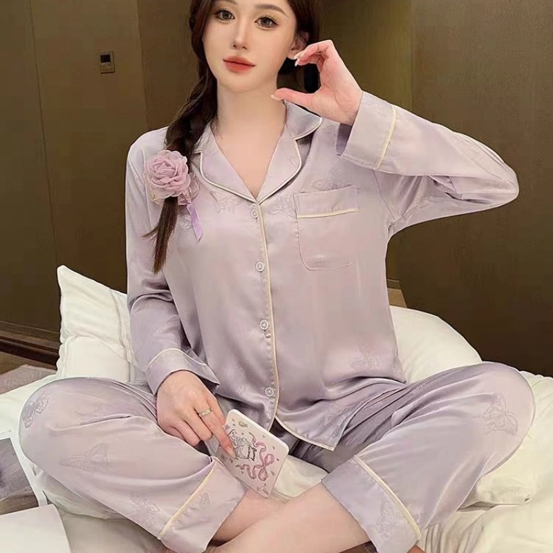 夏芬妍 简约休闲高级感翻领家居服舒适亲肤长袖长裤可外穿睡衣套装 女款 紫色