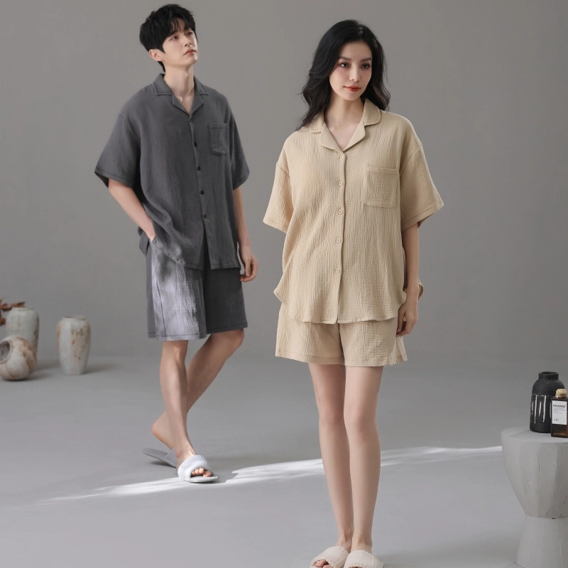 夏芬妍 简约轻盈柔软舒适纯色翻领家居服休闲亲肤短袖可外穿睡衣套装 男女同款