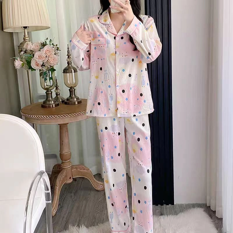 夏芬妍 柔软舒适可爱小鱼儿云朵棉开衫家居服亲肤休闲长袖长裤可外穿春秋款睡衣套装 女款 粉色