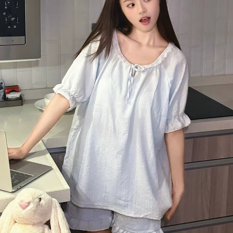 夏芬妍  甜美可爱少女粉蕾丝木耳边圆领短袖短裤家居服舒适柔软休闲带胸垫可外穿睡衣套装 女款