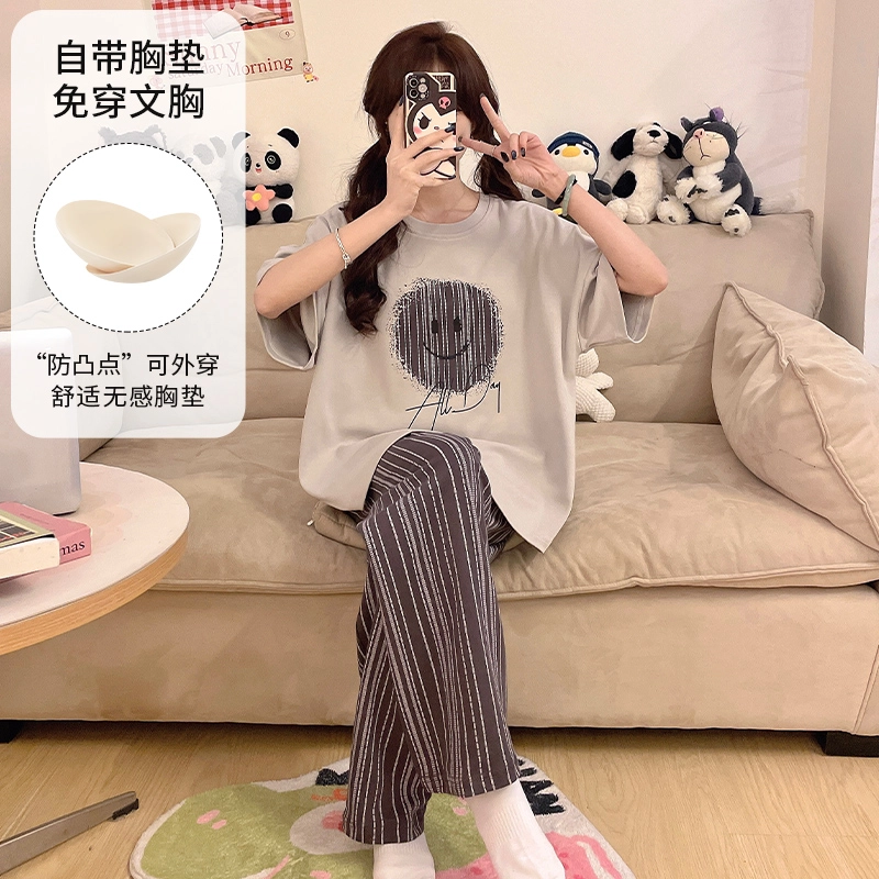 夏芬妍 柔软舒适休闲圆领条纹笑脸带胸垫短袖长裤时尚可外穿家居服睡衣套装 女款 灰色