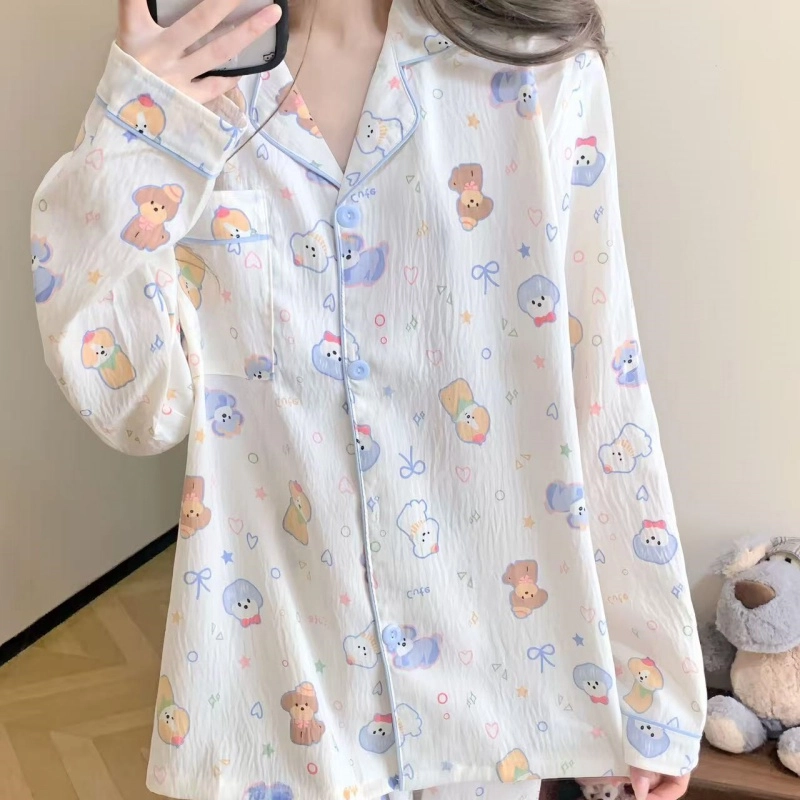 夏芬妍 柔软舒适萌狗乐园云朵棉开衫家居服亲肤休闲长袖长裤可外穿春秋款睡衣套装 女款 杏色