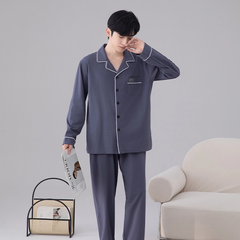夏芬妍 简约优雅舒适贴袋翻领带胸垫开衫家居服休闲长袖长裤可外穿睡衣礼盒 男款 藏青色