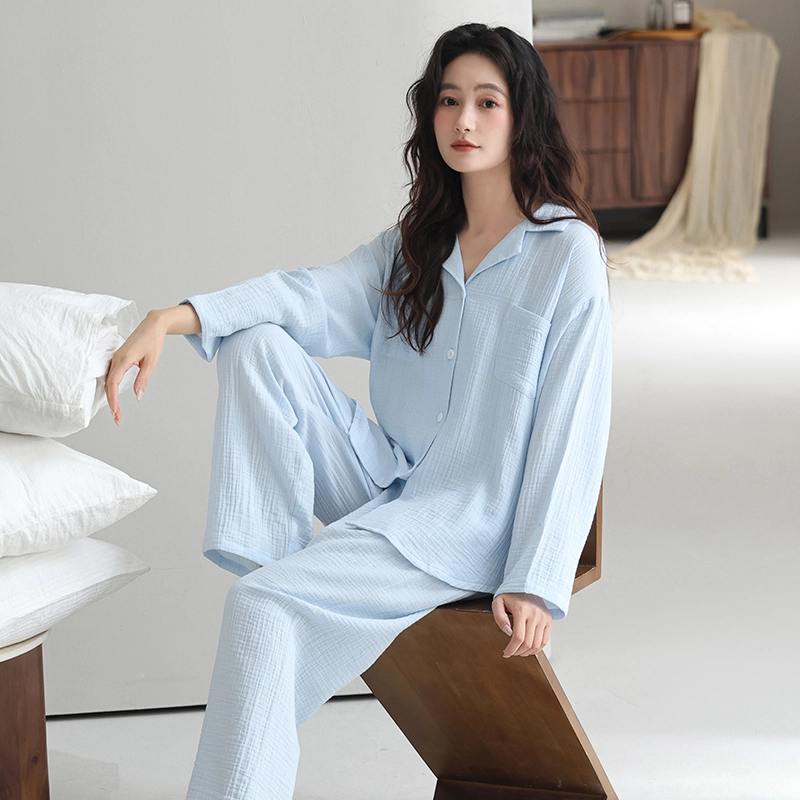 夏芬妍 休闲舒适纯色双层纱婴儿棉翻领开衫家居服柔软亲肤可外穿长袖长裤睡衣套装 女款 蓝色
