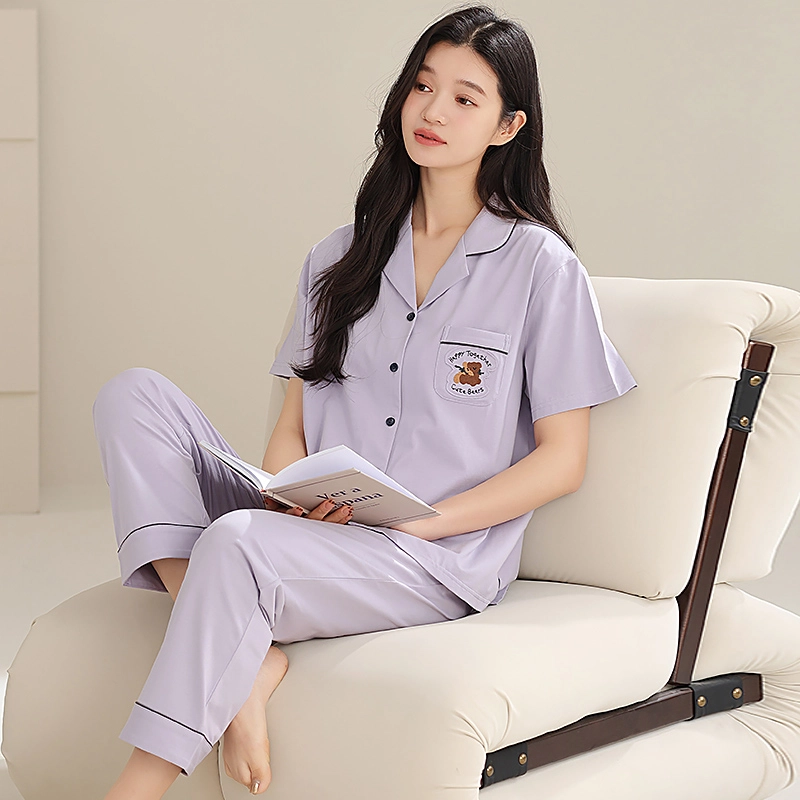 夏芬妍 时尚柔软亲肤戴帽小熊翻领开衫家居服简约休闲舒适短袖长裤可外穿睡衣套装 女款 米黄色