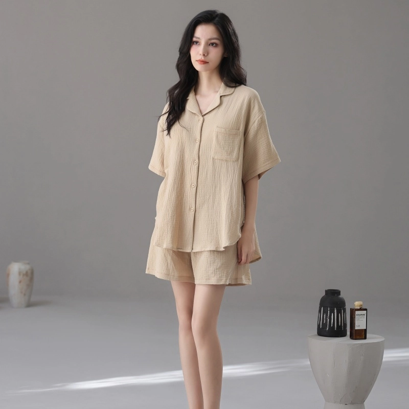 夏芬妍 简约轻盈柔软舒适纯色翻领家居服休闲亲肤短袖可外穿睡衣套装 男女同款