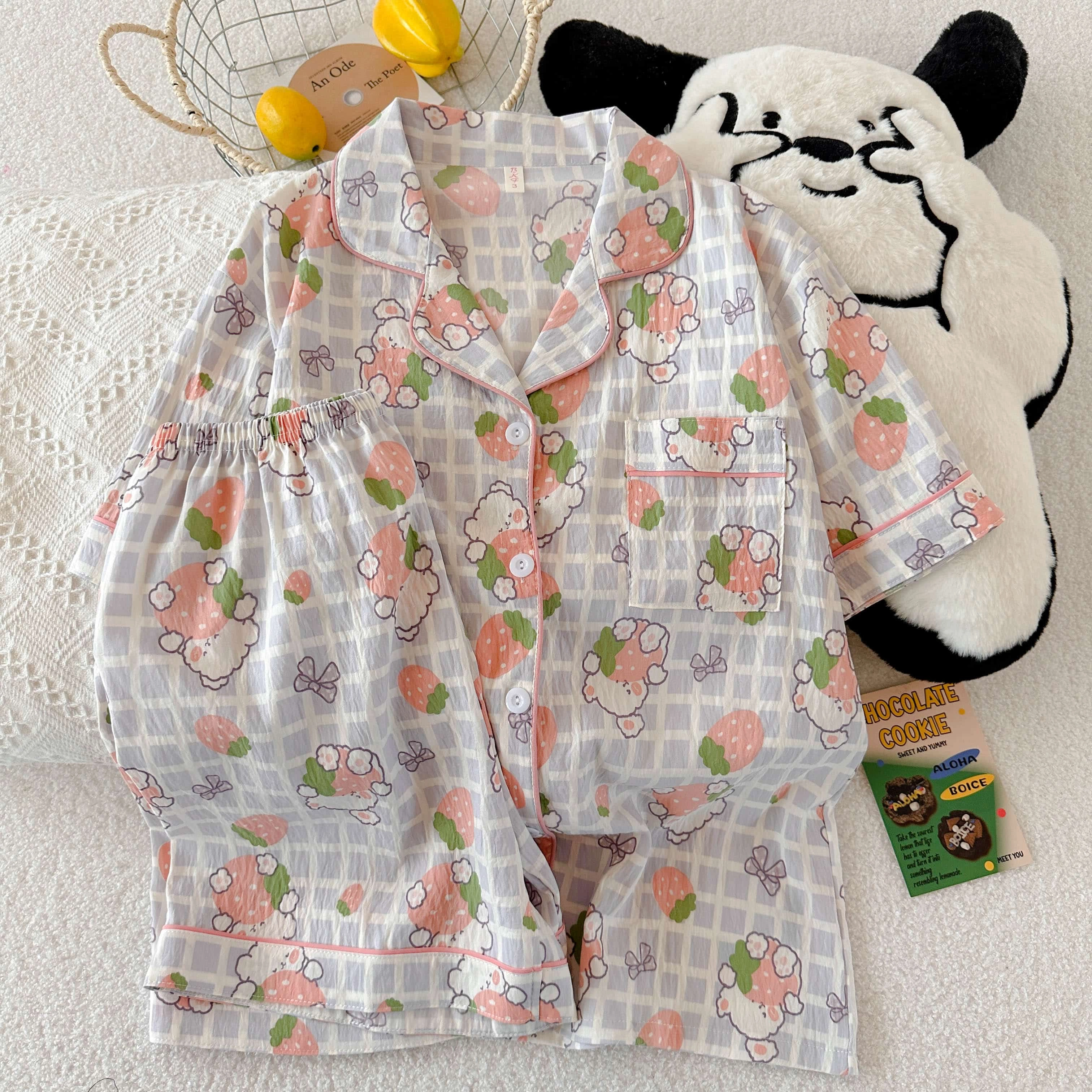 夏芬妍 柔软舒适格子草莓兔云朵棉翻领开衫家居服亲肤休闲短袖短裤休闲可外穿睡衣套装 女款