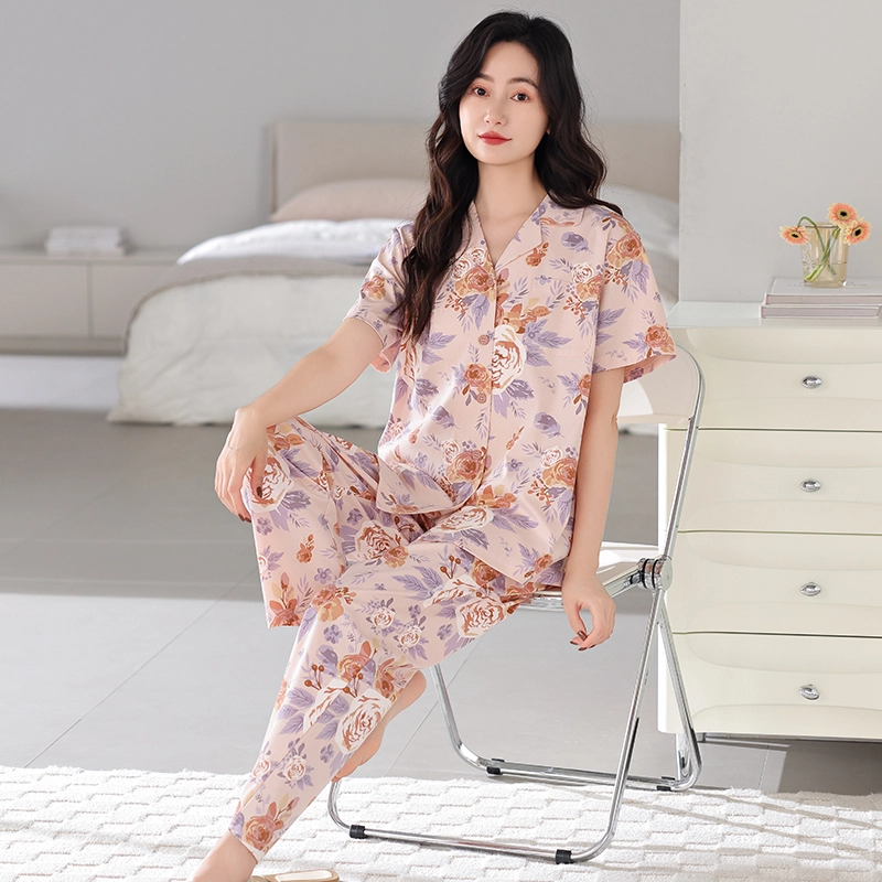夏芬妍 简约时尚柔软舒适花卉满印翻领家居服亲肤休闲短袖长裤可外穿睡衣套装 女款 粉色