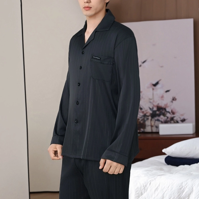 夏芬妍 时尚高级感条纹冰丝翻领家居服简约休闲舒适亲肤宽松长袖长裤可外穿睡衣套装 男款 黑色