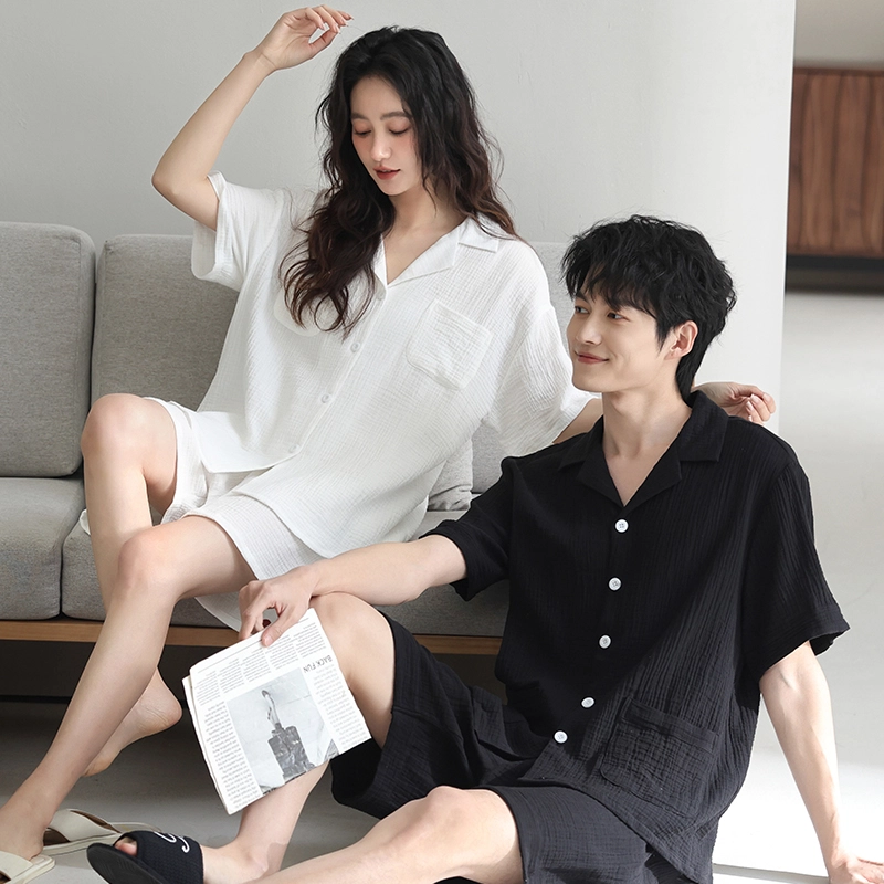 夏芬妍 休闲舒适纯色双层纱婴儿棉翻领开衫家居服柔软亲肤时尚可外穿短袖短裤睡衣套装 男女同款