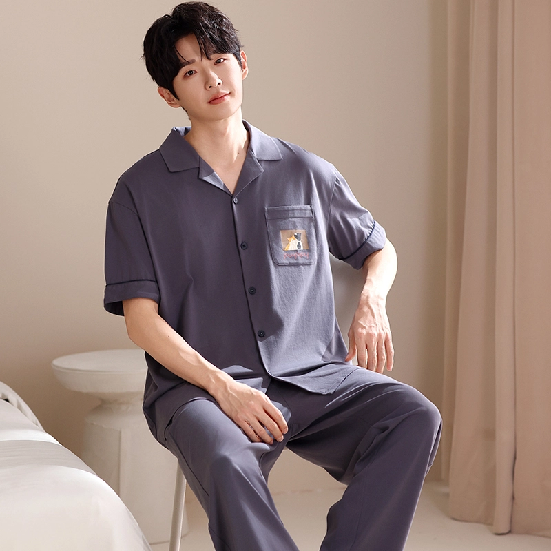 夏芬妍 简约时尚柔软舒适纯色可爱猫咪翻领家居服亲肤休闲短袖长裤可外穿睡衣套装 男女同款