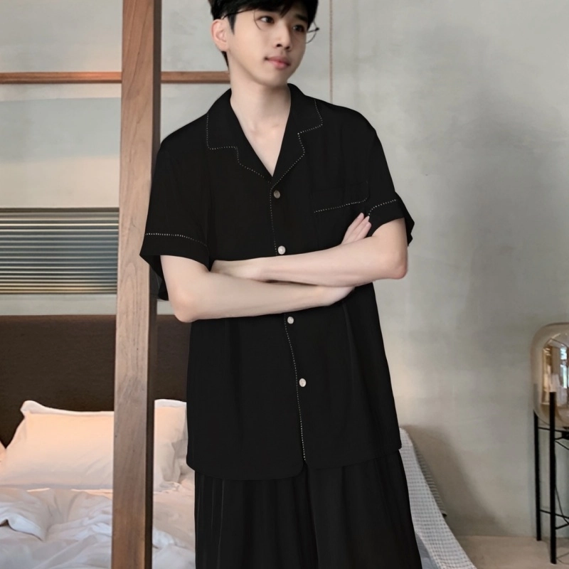 夏芬妍 简约休闲百搭纯色舒适亲肤短袖时尚翻领可外穿家居服睡衣套装 男款 黑色