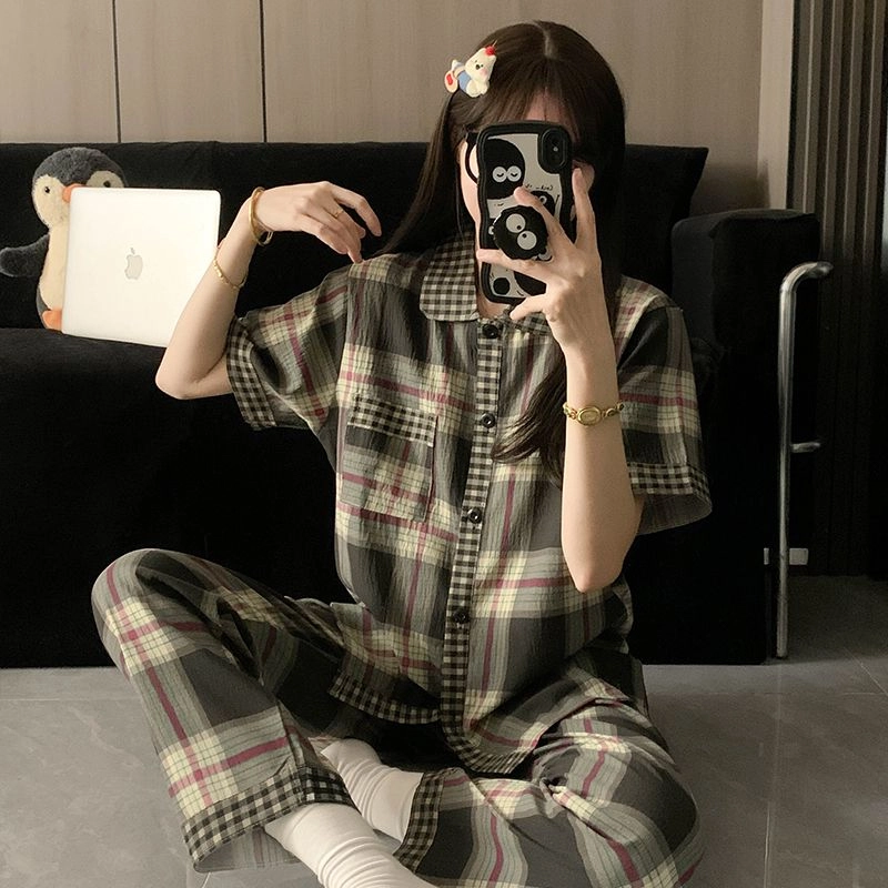 夏芬妍 柔软舒适经典格子云朵棉翻领开衫家居服亲肤休闲短袖三件套时尚可外穿夏季睡衣套装 男女同款