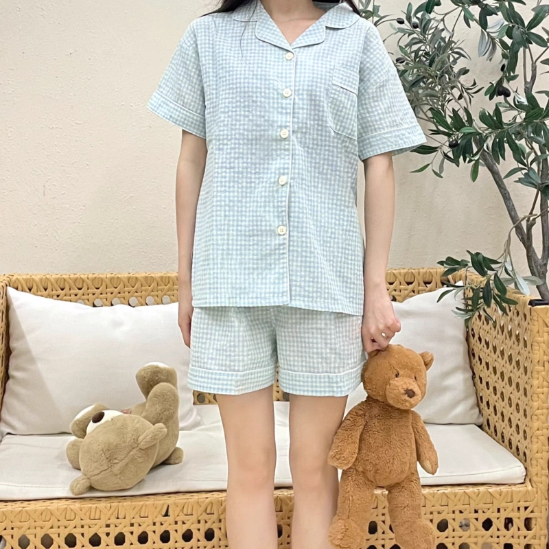 夏芬妍 简约休闲舒适时尚纯色纯棉翻领家居服亲肤宽松短袖短裤可外穿睡衣套装 女款 蓝色