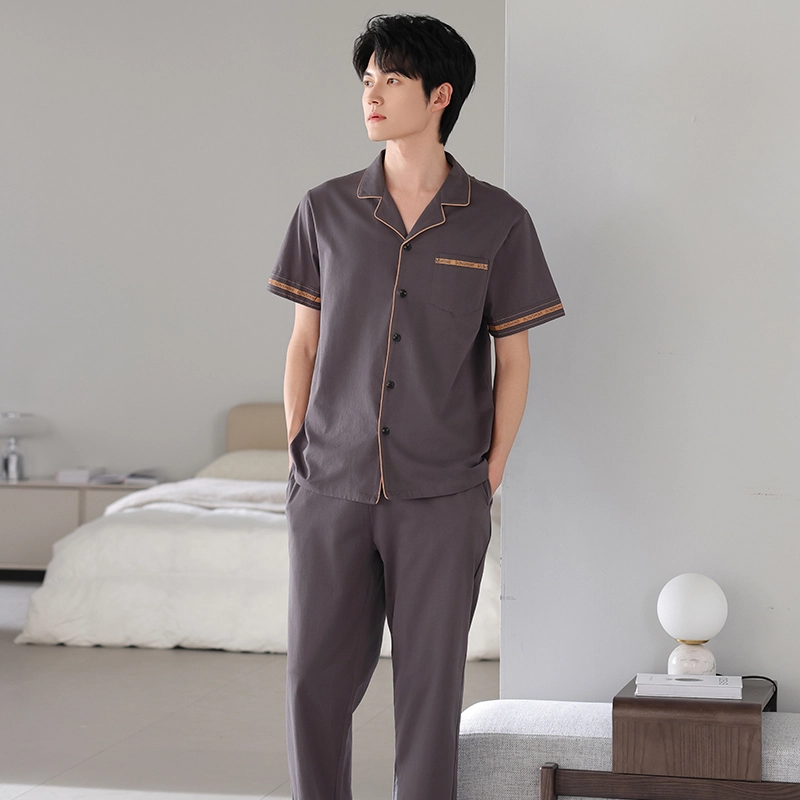 夏芬妍 简约时尚大方柔软舒适纯色字母边翻领家居服亲肤休闲短袖长裤可外穿睡衣套装 男款