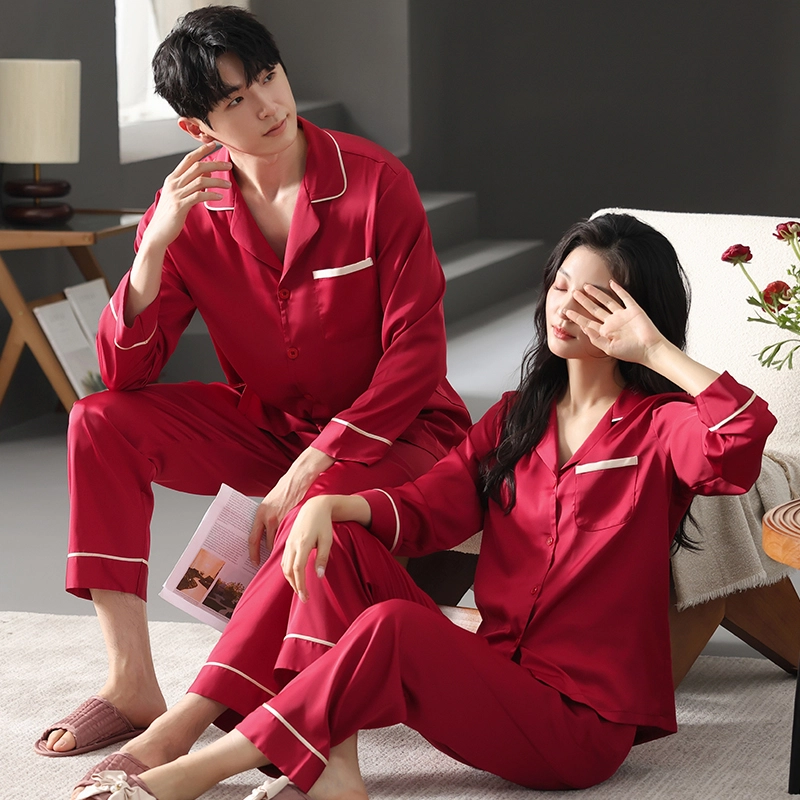 夏芬妍 大红喜庆系列  柔软舒适丝滑结婚本命年翻领冰丝家居服休闲长袖长裤短袖短裤可外穿睡衣套装 男女同款