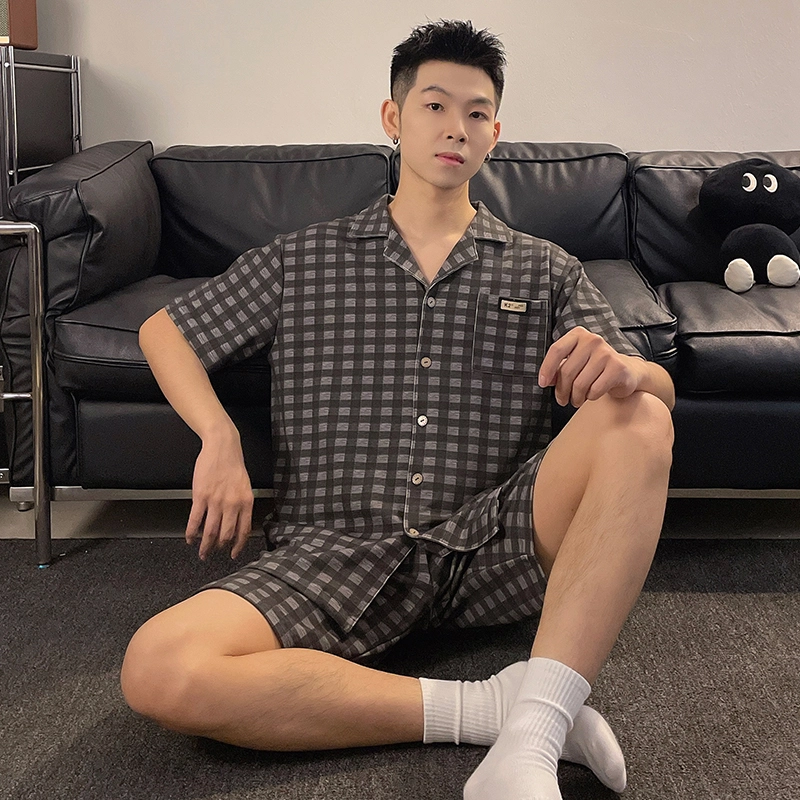 夏芬妍 柔软舒适休闲格子翻领开衫短袖亲肤时尚可外穿家居服睡衣套装 男女同款 灰棕色