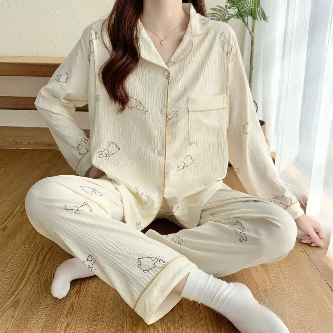 夏芬妍 柔软舒适开衫亲肤休闲长袖长裤可外穿家居服睡衣套装 女款 礼盒装 杏色