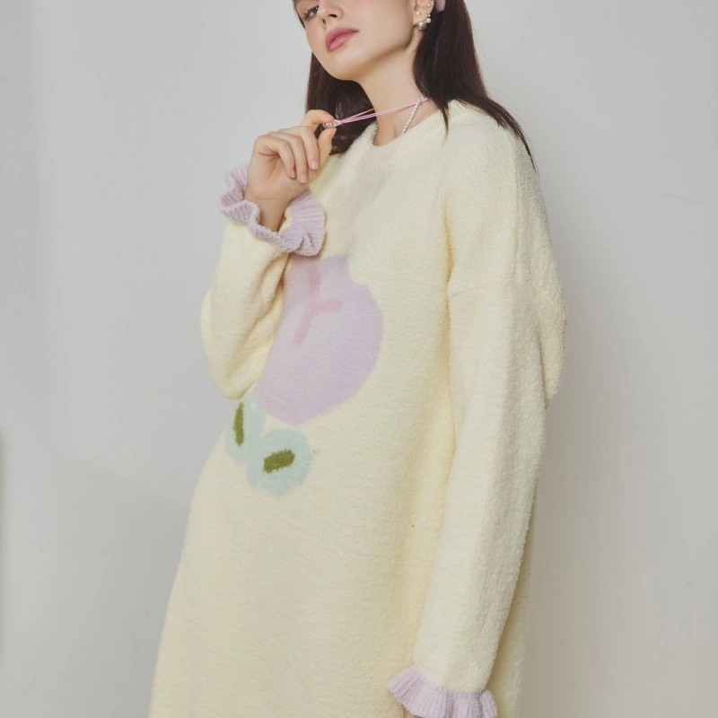 夏芬妍 简约甜美柔软亲肤郁金香花边半边绒家居服蓄温保暖长袖可外穿睡裙 女款 黄色