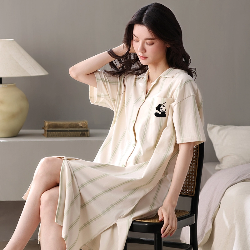 夏芬妍 简约亲肤条纹熊猫纯棉开衫家居服短袖睡裙 女款 杏色