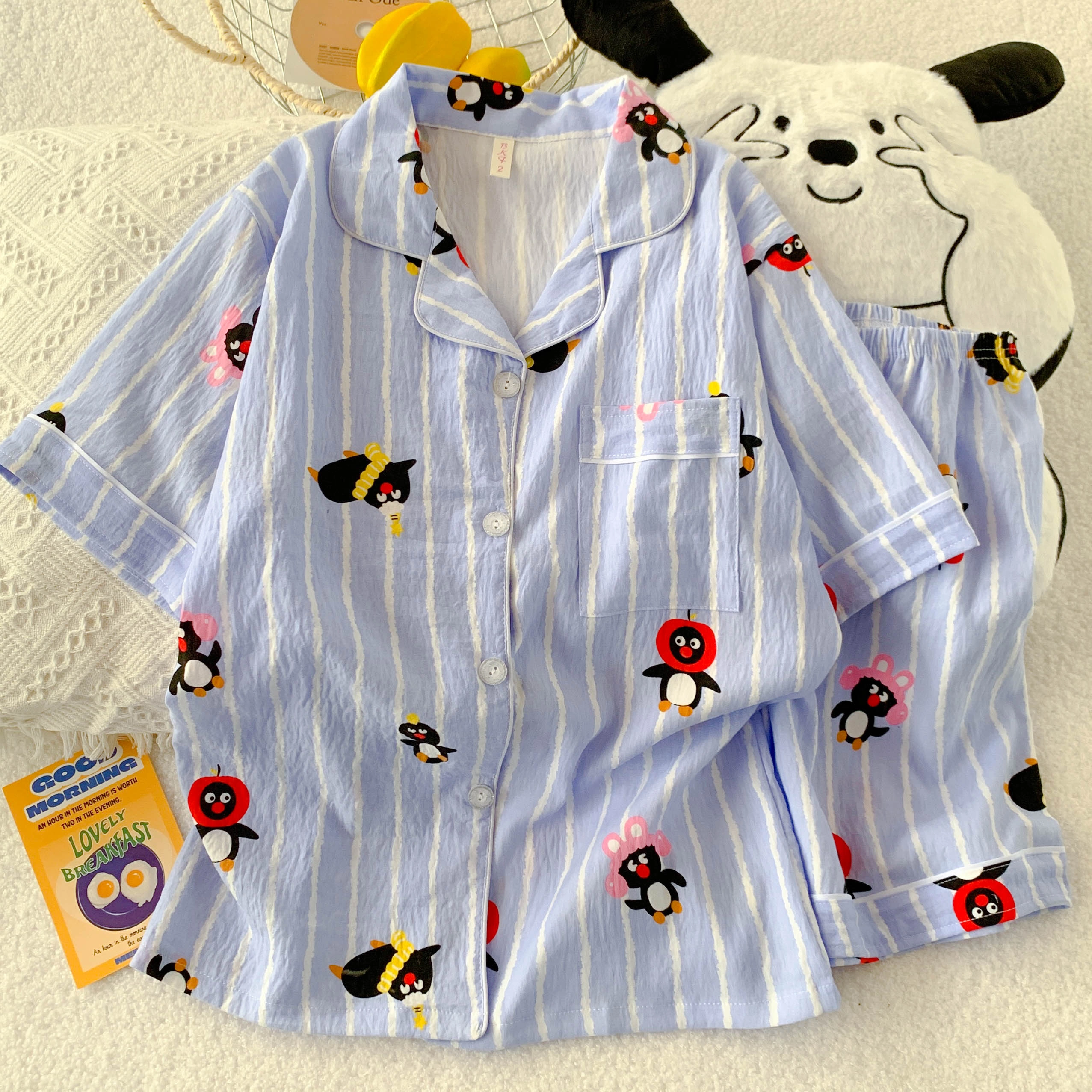 夏芬妍 柔软舒适趣味企鹅云朵棉翻领开衫家居服亲肤休闲短袖短裤可外穿睡衣套装 女款 蓝色