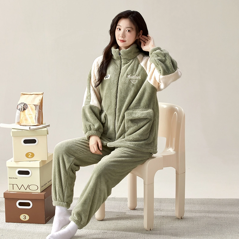 夏芬妍 简约时尚亲肤拉链立领加厚保暖舒适可外穿睡衣套装 女款 海绿色