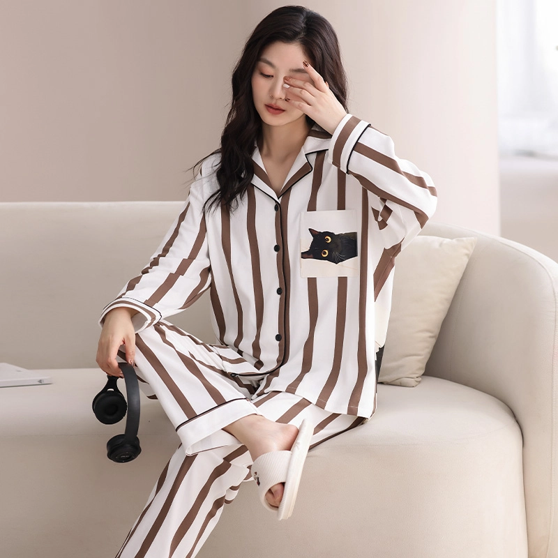 夏芬妍 休闲舒适条纹翻领开衫家居服柔软亲肤可外穿长袖长裤睡衣套装 男女同款 棕杏色