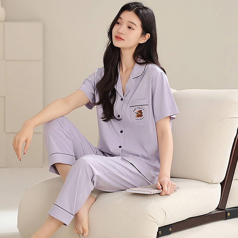夏芬妍 时尚柔软亲肤戴帽小熊翻领开衫家居服简约休闲舒适短袖长裤可外穿睡衣套装 女款 米黄色