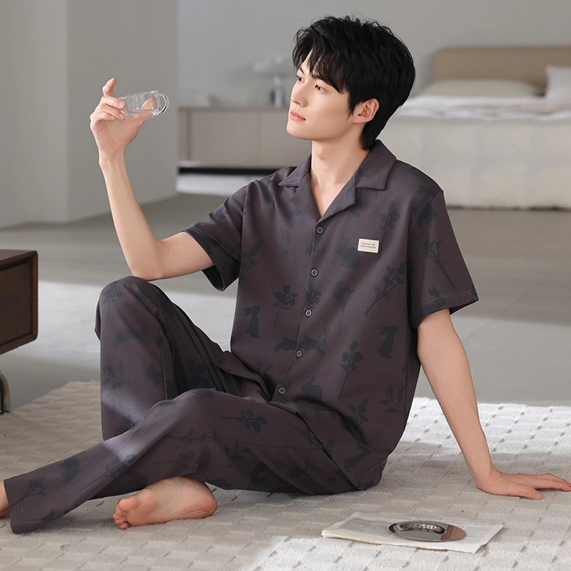 夏芬妍 简约时尚大方柔软舒适兔子花朵翻领家居服亲肤休闲短袖长裤可外穿睡衣套装 男款 棕色