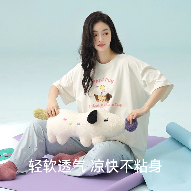 夏芬妍 柔软舒适透气亲肤俏皮小狗圆领家居服休闲宽松凉感短袖长裤时尚可外穿睡衣套装 女款 蓝色