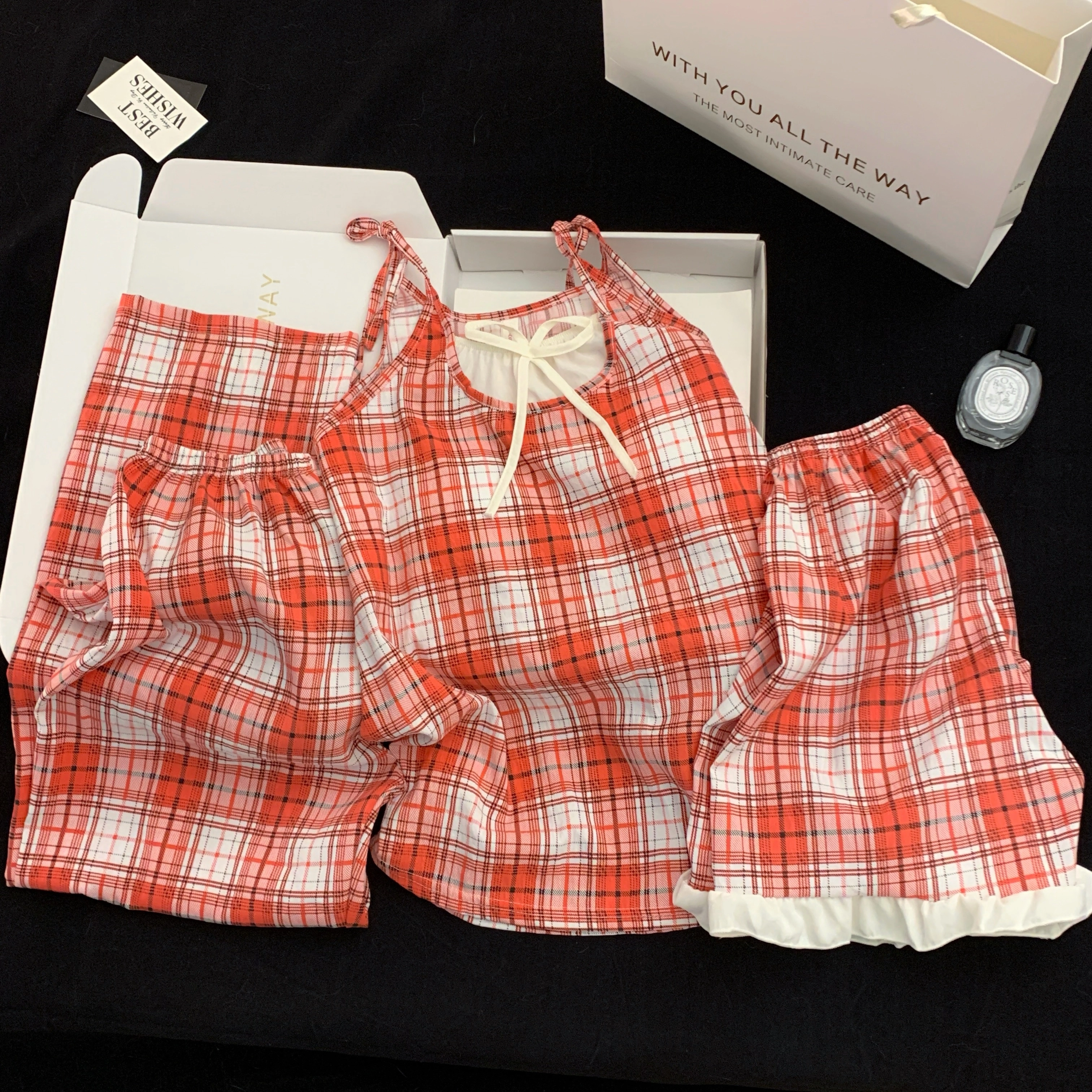 夏芬妍 甜美少女风复古格子吊带家居服舒适柔软休闲带胸垫三件套可外穿睡衣套装 女款