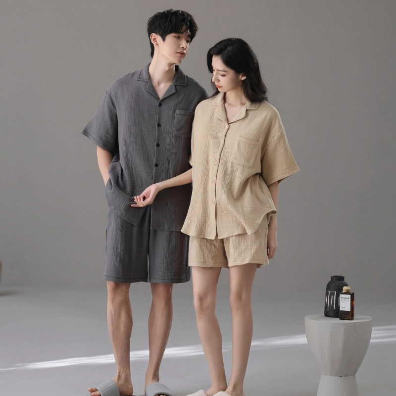 夏芬妍 简约轻盈柔软舒适纯色翻领家居服休闲亲肤短袖可外穿睡衣套装 男女同款