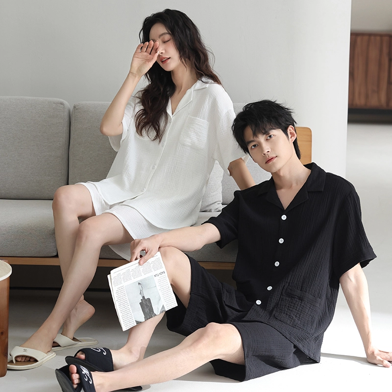 夏芬妍 休闲舒适纯色双层纱婴儿棉翻领开衫家居服柔软亲肤时尚可外穿短袖短裤睡衣套装 男女同款