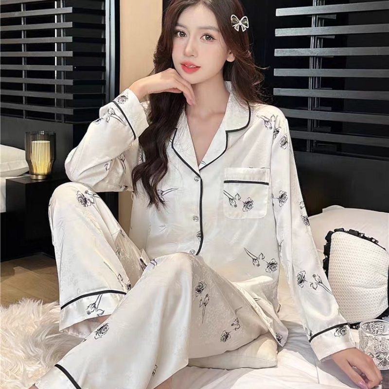 夏芬妍 简约休闲翻领家居服舒适亲肤长袖长裤可外穿睡衣套装 女款 白色