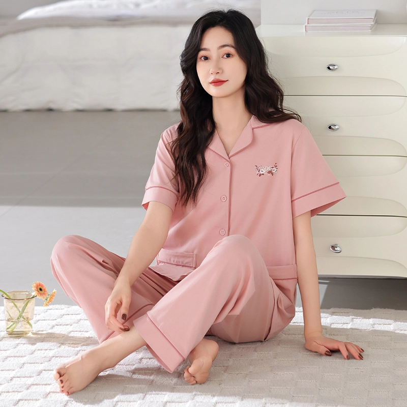 夏芬妍 简约时尚柔软舒适纯色气质绣花翻领家居服亲肤休闲短袖长裤可外穿睡衣套装 女款