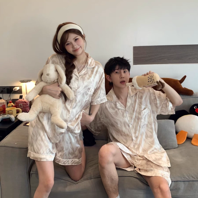 夏芬妍 休闲晕染冰丝翻领舒适亲肤宽松凉感短袖短裤时尚简约可外穿家居服睡衣套装 男女同款