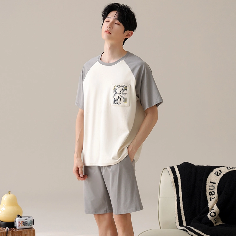 夏芬妍 亲肤舒适小熊贴袋纯棉圆领家居服柔软休闲短袖短裤时尚可外穿睡衣套装 男款 杏色