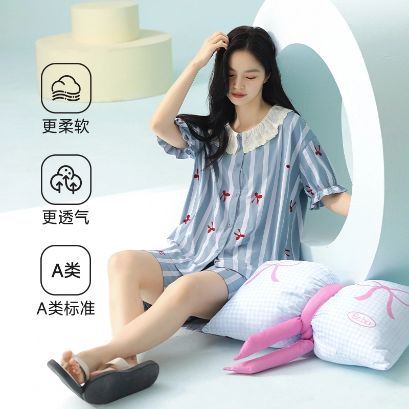 夏芬妍 柔软舒适透气翻领亲肤条纹家居服休闲短袖上衣可外穿三分裤睡衣套装 女款 蓝色