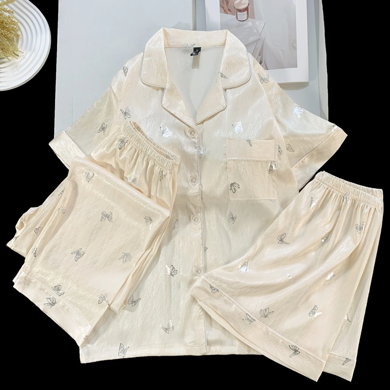 夏芬妍 简约休闲高级感蝴蝶冰丝翻领带胸垫家居服舒适亲肤宽松短袖三件套可外穿睡衣套装 女款 杏色