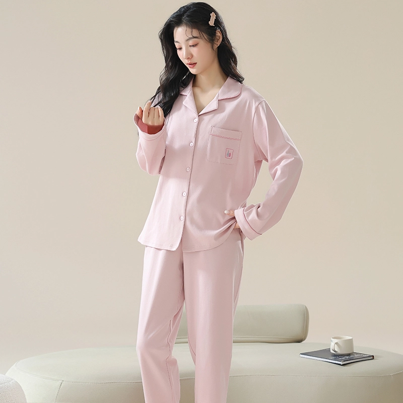 夏芬妍 时尚休闲舒适纯色贴袋翻领家居服亲肤宽松长袖长裤可外穿春秋款睡衣套装 女款 粉色