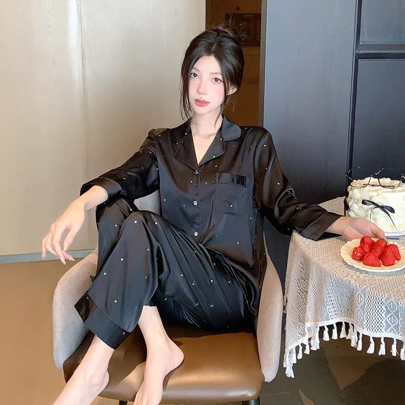 夏芬妍 简约舒适高级感气质暗夜之星翻领家居服亲肤休闲长袖长裤可外穿睡衣套装 女款 黑色