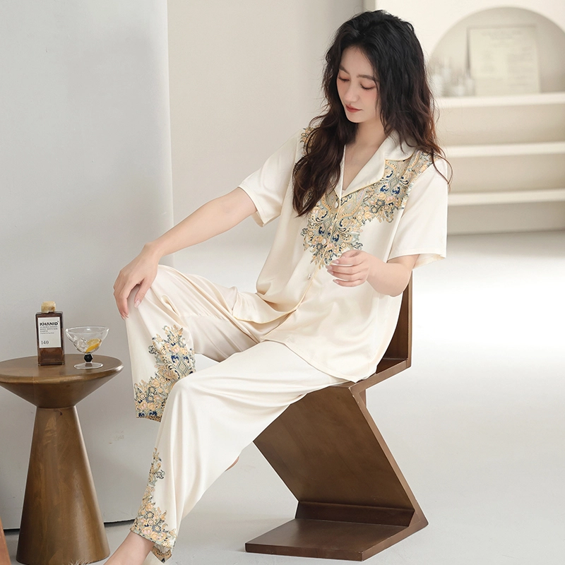 夏芬妍 简约舒适高级感宫廷风翻领家居服亲肤宽松休闲短袖短裤长裤三件套可外穿睡衣套装 女款 杏色