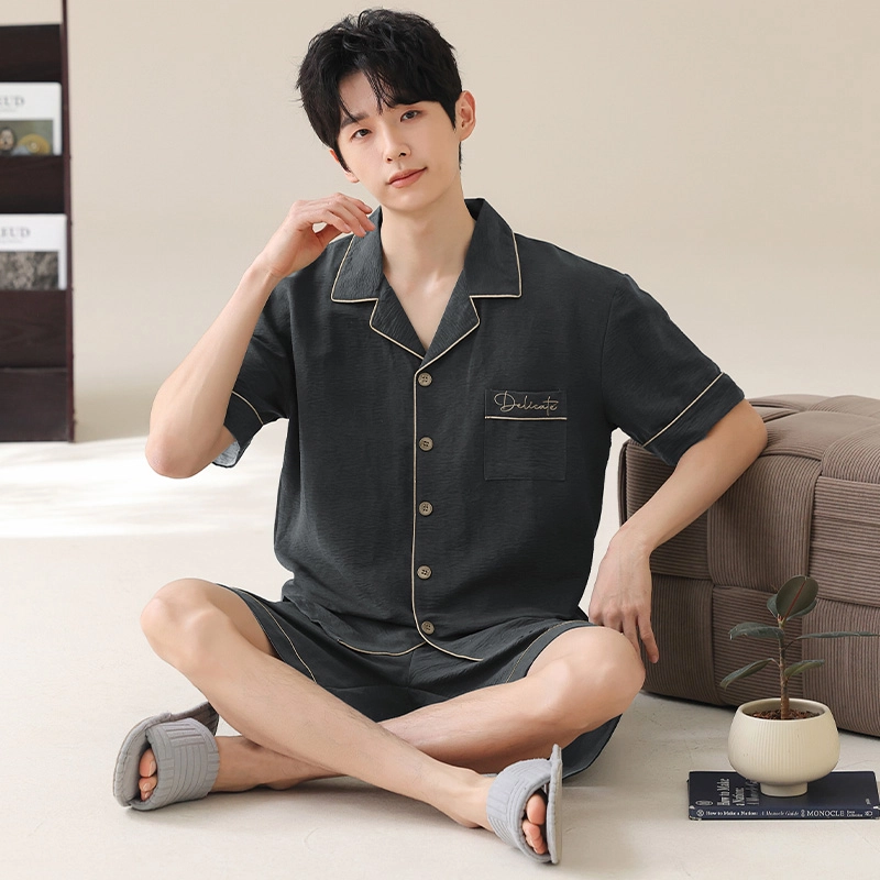夏芬妍 简约舒适柔软纯色云朵棉翻领开衫家居服亲肤休闲短袖短裤时尚可外穿睡衣套装 男款 深灰色