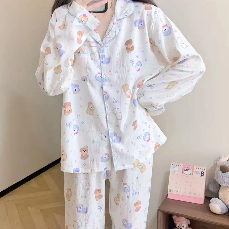 夏芬妍 柔软舒适萌狗乐园云朵棉开衫家居服亲肤休闲长袖长裤可外穿春秋款睡衣套装 女款 杏色